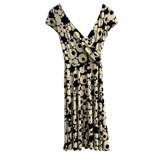 Vintage Dressbarn Y2K Dress 4 Black White Geo Circles Faux Wrap Babydoll Retro - Picture 1 of 12